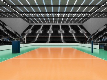 3d render of beautiful sports arena for volleyball with floodlights and  black seats and vip boxes for ten thousand people