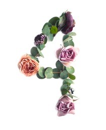 photo number 4 made of leaves and flowers on white background. typographic element for design. part of flower alphabet. digit four