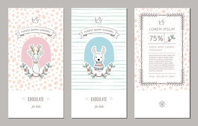 trendy packaging design with hand drawn patterns. vector illustrations with reindeer and floral wreaths. good for children's cloths, package, wallpaper, greeting cards and invitations.