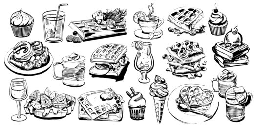 vector set art with foods and drinks. vector  menu with the best belgian waffles. 