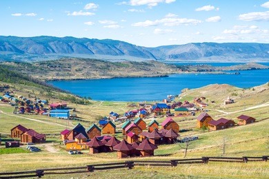  beautiful views of the tourist centers and the curkut bay in august. lake baikal, russia 