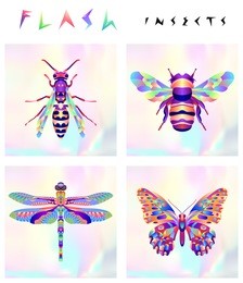 set of multicolored insects icons on holographic background. abstract design logo, badge, label, sticker. vector stock illustration. bee, bumblebee, dragonfly, butterfly