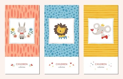 vector set of trendy hand drawn patterns and kid's design elements with bunny, lion and elephant. good for children's cloths, package, surface textures, books covers, greeting cards and invitations. 