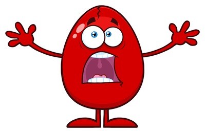 scared cracked red egg cartoon mascot character with open arms