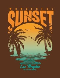 tropical sunset. surf and beach. vintage beach print. tee graphic design