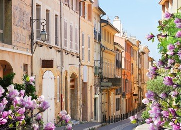 old town street of aix en provence at spring, france