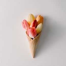 ice cream cone with colorful flowers on white background. flat lay. minimal summer concept.