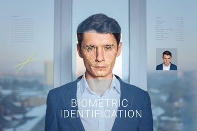 recognition of a male face by layering a mesh and the calculation of the personal data by the software. biometric verification and identification