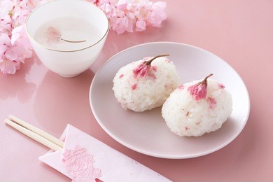 rice balls with pickled cherry blossoms