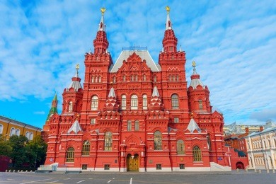 the state historical museum at red square in moscow, russia. it's the museum of russian history which was established in 1872.
