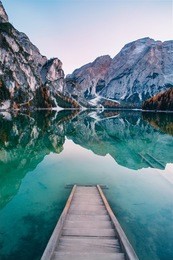 amazing view of lago di braies (pragser wildsee), most beautiful lake in south tirol, dolomites mountains, italy. popular tourist attraction. beautiful europe.