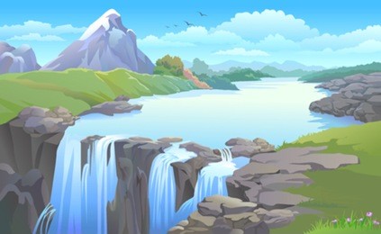 beautiful mountain side  river turning into a  waterfall