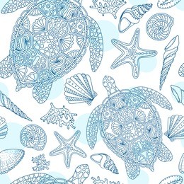 seamless summer underwater pattern. various shell, algae, starfish, coral, turtle on white dotted background. vector illustration.