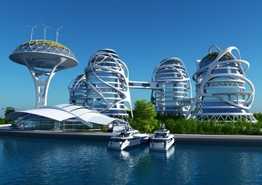 future city on the coast.3d render