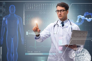 doctor in futuristic medical concept pressing button