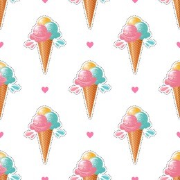 ice cream pattern trendy cute white background. 80s pop art design, ice cream sticker or badge, heart polka seamless pattern. vector wallpaper