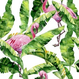 tropical leaves, dense jungle. banana palm leaves seamless watercolor illustration of tropical pink flamingo birds. trendy pattern with tropic summertime motif. exotic hawaii art background. 