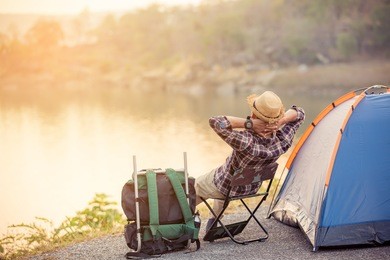 asian man backpack relaxing in nature,holiday concept