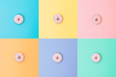 six identical pink doughnuts on different backgrounds in the style of pop art  and minimalism.