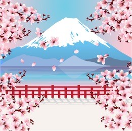 mountain with cherry blossom branches. view of fuji mountain and lake with sakura flowers. image of japan. vector illustration.
