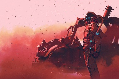 red astronaut standing near futuristic vehicle on mars planet,illustration painting