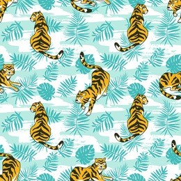 tropical seamless pattern with tigers and palm leaves. vector animalistic design for fabric, wrap paper or wallpaper. exotic art background. 