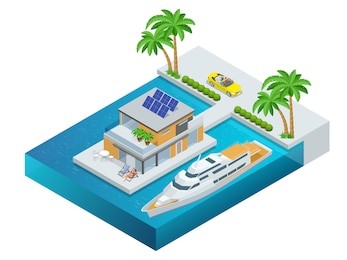 luxury tropical hotel resort with palm tree, convertible, yacht and sea. travel summer trip destination and beach resort hotel square concept for infographics collection. vector illustration