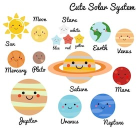 cute galaxy, space, solar system elements. kawaii moon, sun and planets vector illustration for kids. isolated design elements for children. stickers, labels, icons, infographics for kids