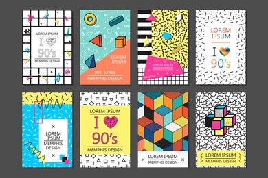memphis cards and posters with geometric elements. collection 80 - 90s fashion.