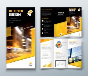 tri fold brochure design. black yellow dl corporate business template for try fold brochure or flyer. layout with modern elements and abstract background. creative concept folded flyer or brochure.