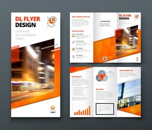 tri fold brochure design. orange dl corporate business template for try fold brochure or flyer. layout with modern elements and abstract background. creative concept folded flyer or brochure.