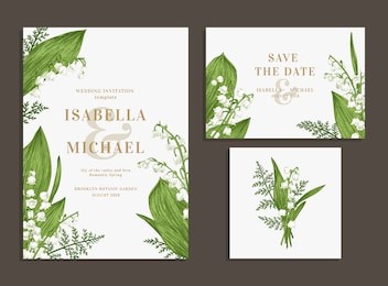vintage wedding set with spring flowers. lilies of the valley and fern. wedding invitation, save the date, reception card. vector illustration. greenery.