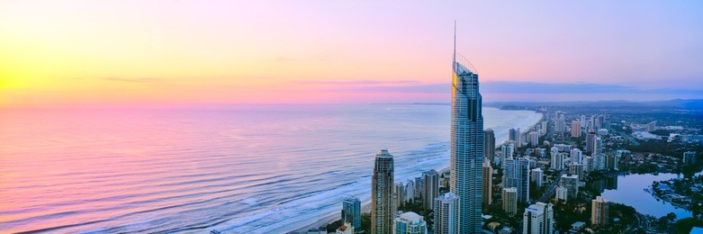 a panoramic sunrise view of surfers paradise on queensland's gold coast in australia 