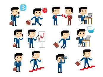 businessman icons set. pixel art. old school computer graphic style. games elements.