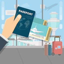 man with passport and boarding pass waiting flight inside of airport with a plane. travel, vacation, business trip concept. vector illustration in flat design.