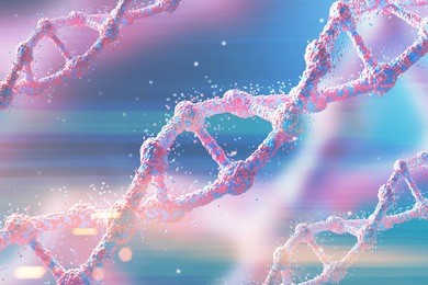 three red diagonal dna chains against dark blue background. concept of science. 3d rendering. toned image
