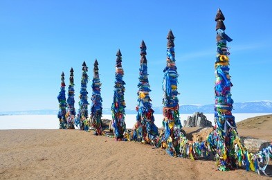 lake baikal, ritual pillars at cape burkhan on olkhon island