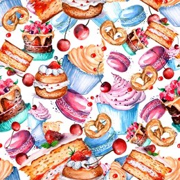     seamless vintage pattern with watercolor. vintage drawing - cakes, desserts, macaroon, piece, cake, biscuit, cream, berries. done in hand-made graphics with watercolors.