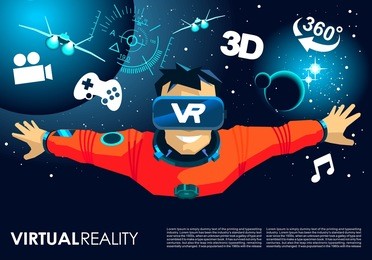vr glasses video game man fly into the space banner