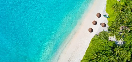 aerial photo of beautiful paradise maldives tropical beach on island. summer and travel vacation concept.
