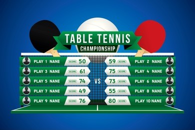 table tennis championship design with players and scoreboard on green table.