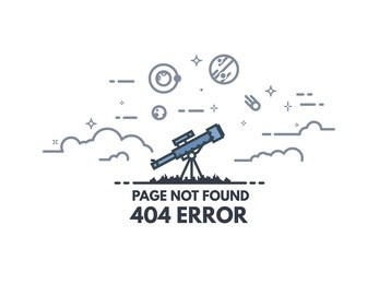 page not found 404 design tamplate. 404 error page flat line concept. link to a non-existent page. telescope searching planets and stars in the sky. clouds and cosmos view