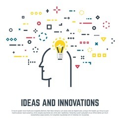 big idea concept. human head with lightbulb and abstract thoughts in geometric colored shapes. old light bulb form. line style vector. imagination and innovation, creativity and thinking