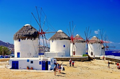 windmills of sunny mykonos (greece, cyclades)