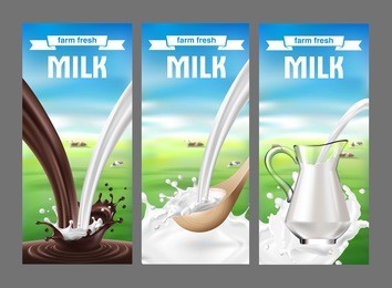 vector illustration of a set of labels for milk and dairy with milk splash and pouring. realistic style