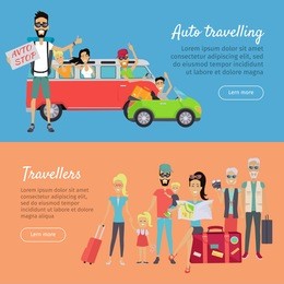 auto traveling and travelers banners. happy people waving while driving his car. family vacation. grandparents and parents with their children going for summer vacations. hitchhiking travel