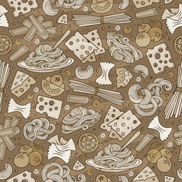 cartoon cute hand drawn italian food seamless pattern. monochrome with lots of objects background. endless funny vector illustration