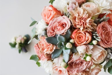 wedding flowers, bridal bouquet closeup. decoration made of roses, peonies and decorative plants, close-up, selective focus, nobody, objects
