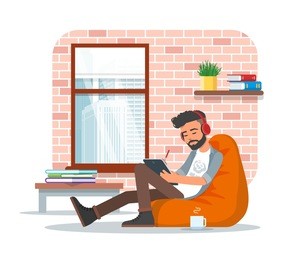 vector illustration of young man sitting in bean bag chair and making use of tablet. workplace interior, cartoon character, flat style design.