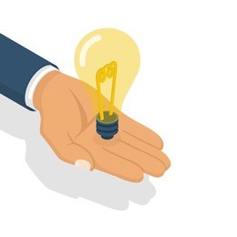 lightbulb in hand isometric design. business idea concept, solution innovative technology. creative idea icon, yellow light. vector flat style. electric lamp in hand. invention, eureka.
